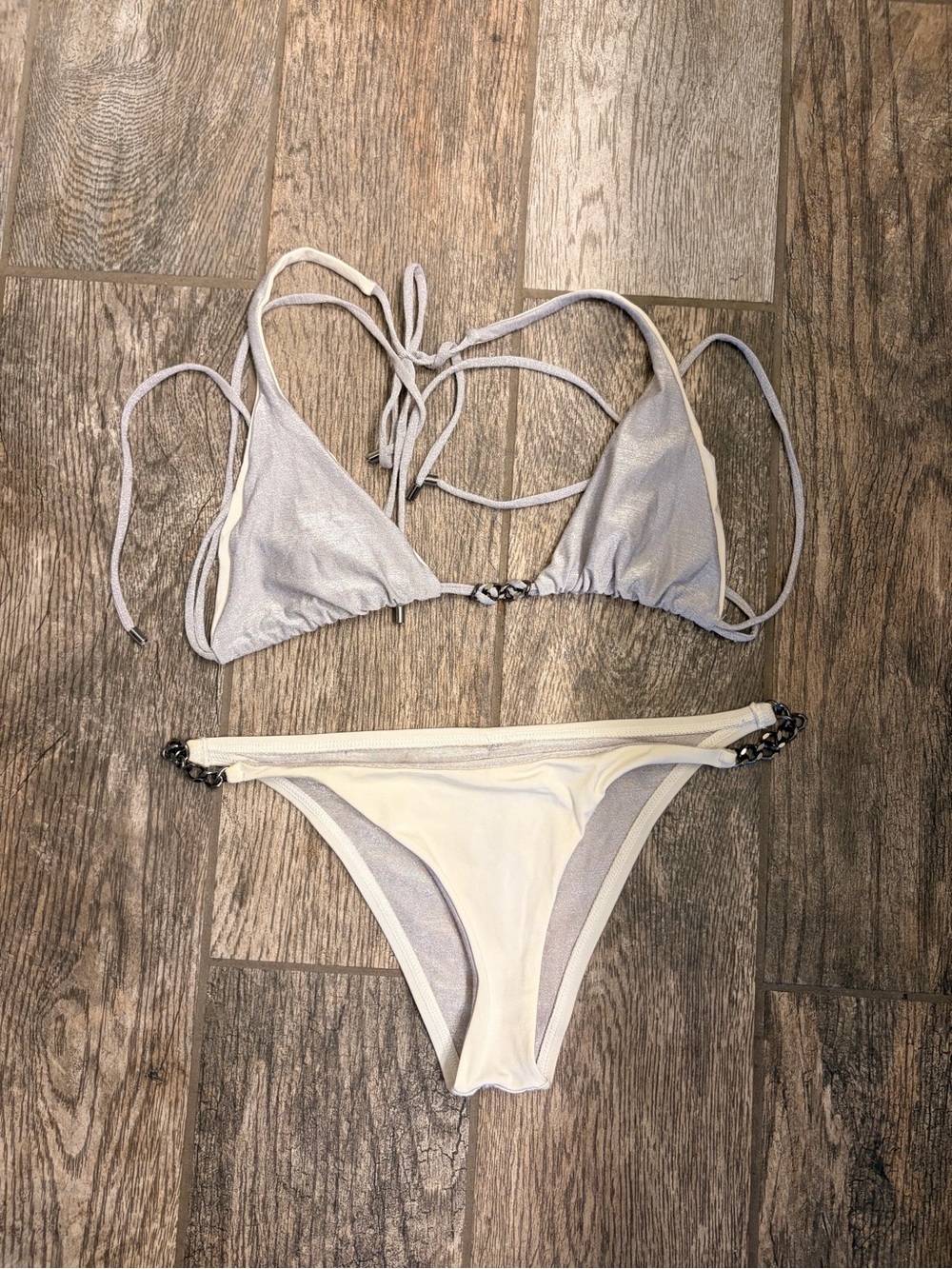 Reversible white and Metallic Triangle Bikini Set with Chain Detail